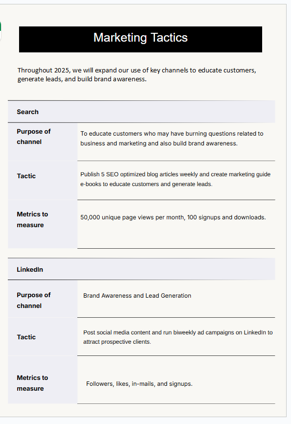 A screenshot image showing the marketing tactics of a company's marketing plan.