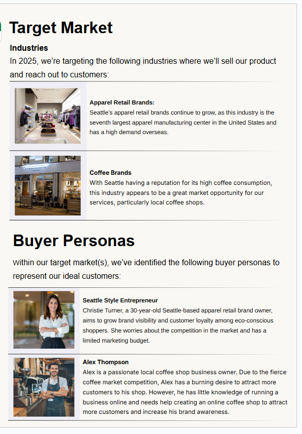 a screenshot image showing the target market and buyer personas of a company's target audience as part of its company marketing plan.