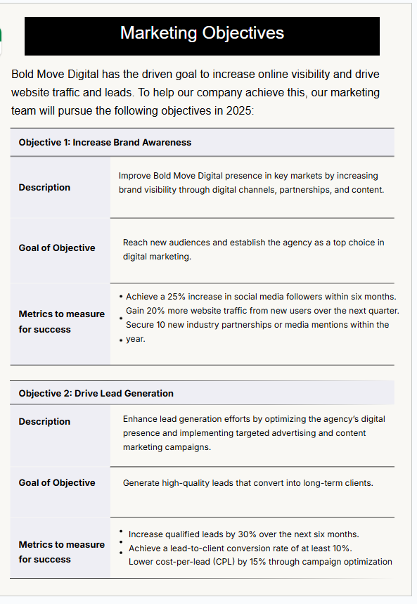 a screenshot image showing the marketing objectives of a company's marketing plan, highlight its objectives to increase brand awareness and drive lead generation. 