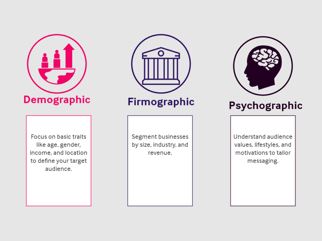 An infographic illustrating the demographics, firmographics and psychographics of a target market.